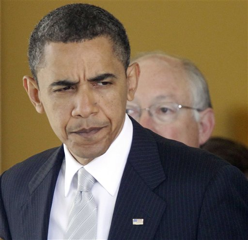 President Barack Obama, walks out the Oval Office of the White House with Sec. of Interior Ken Salazar, right, following his closed meeting with his Cabinet and other senior administration officials on the ongoing effort to stop the BP oil spill, Friday, May 14, 2010. (AP Photo/Pablo Martinez Monsivais) (AP)
