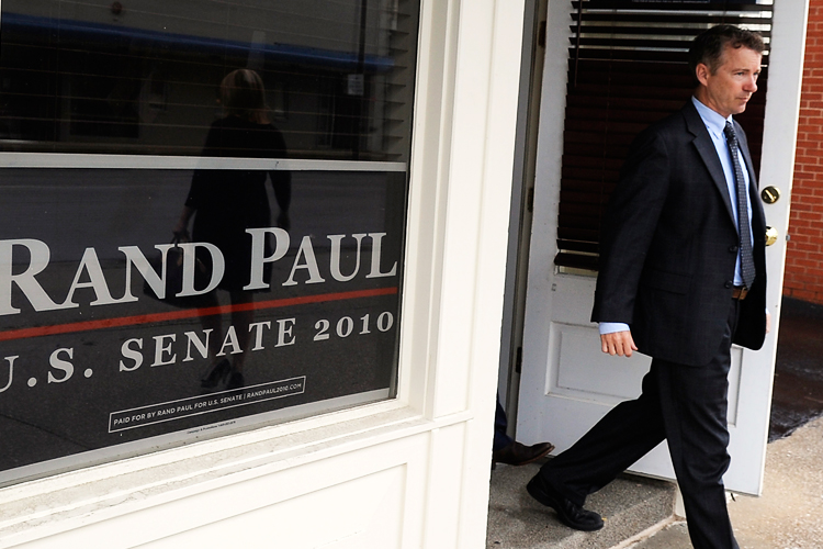 Republican U.S. Senate candidate Rand Paul leaves his campaign office after attending services at The Presbyterian Church in Bowling Green, Ky. on Sunday, May 16.