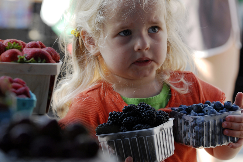Elena Green, 3, helps her mother buy berries at the Westmoreland Berry Farm stand at the Arlington Farmers' Market in Arlington, Virginia in this picture taken June 28, 2008. While price hikes are rippling through farmers' markets across the United States, they are doing little to deter shoppers looking for local produce. Picture taken June 28. REUTERS/Jonathan Ernst   (UNITED STATES)  To match feature FOOD-USA/FARMERSMARKET (Â© Jonathan Ernst / Reuters)