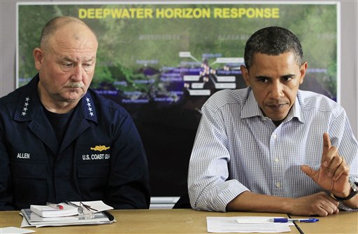 FILE - In this June 4, 2010, file photo, President Barack Obama, accompanied by  by National Incident Commander Adm. Thad Allen, makes a statement after being briefed on the BP oil spill relief efforts in the Gulf Coast region at Louis Armstrong International New Orleans Airport in Kenner, La. "I take responsibility. It is my job to make sure that everything is done to shut this down," Obama said.  (AP Photo/Charles Dharapak, File) (AP)