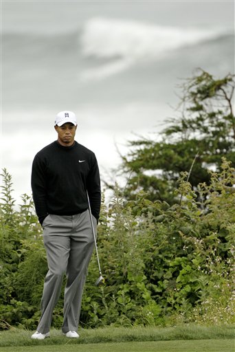 Tiger Woods waits to tee off on the 11th hole during a practice round for the U.S. Open golf tournament Tuesday, June 15, 2010, at the Pebble Beach Golf Links in Pebble Beach, Calif. (AP Photo/David J. Phillip) (AP)