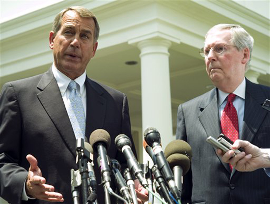 House Minority Leader  John Boehner of Ohio, left, accompanied by Senate Minority Leader Mitch McConnell of Ky., talk to reporters outside the White House in Washington, Thursday, June 10, 2010, after meeting with President Barack Obama regarding the BP Deepwater Horizon oil spill. (AP Photo/Charles Dharapak) (Charles Dharapak)