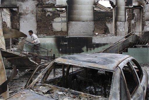 Uzbek man Inamedin Khafizov, 50, inspects his burned house in an Uzbek district in the southern Kyrgyz city of Osh, Thursday, June 17, 2010. Some 400,000 people have been displaced by ethnic violence in southern Kyrgyzstan, the United Nations announced Thursday, dramatically increasing the official estimate of a refugee crisis that has left throngs of desperate, fearful people without enough food and water in grim camps along the Uzbek border. (AP Photo/Sergei Grits) (AP)