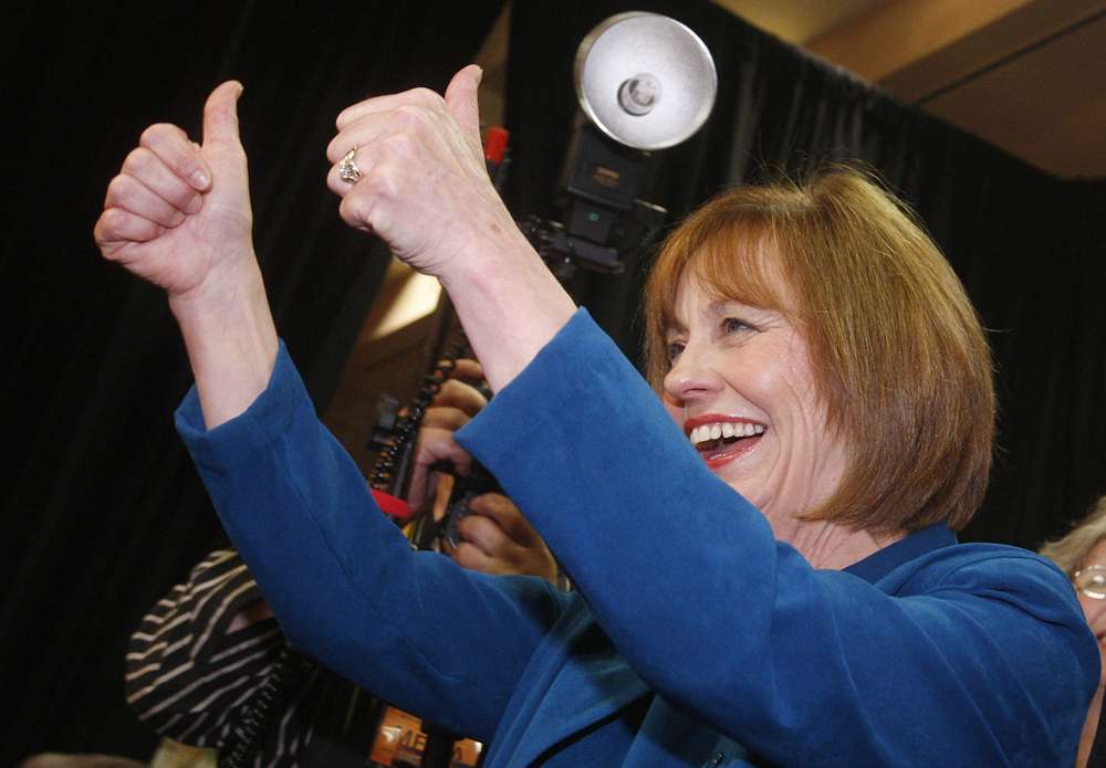 Sharron Angle speaks to supporters after winning the Nevada Republican U.S. Senate primary election race Tuesday, June 8, 2010 in Las Vegas. Angle will face Sen. Harry Reid, D-Nev. in November. (AP Photo/Isaac Brekken) (Isaac Brekken)