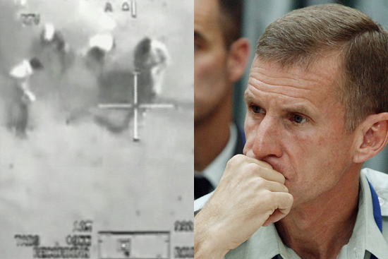 This image captured from a classified U.S. military video footage shows Iraqis being shot from an U.S. Apache helicopters that killed a dozen people in Baghdad, including two Reuters news staff on July 12, 2007, and released to Reuters on April 5, 2010 by WikiLeaks, a group that promotes leaking to fight government and corporate corruption. Reuters photographer Namir Noor-Eldeen, 22, and his assistant and driver Saeed Chmagh, 40, were killed in the incident. The helicopter initially opens fire on the small group. Minutes later a van comes by, and starts assisting the wounded, and the helicopter opens fire on the van.  REUTERS/WikiLeaks/Handout   (IRAQ - Tags: CRIME LAW DISASTER MILITARY CIVIL UNREST) FOR EDITORIAL USE ONLY. NOT FOR SALE FOR MARKETING OR ADVERTISING CAMPAIGNS (Â© Ho New / Reuters)