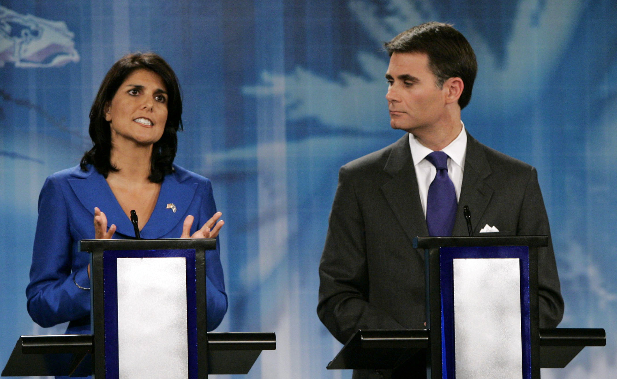 South Carolina Republican candidates for governor, from left  Rep. Nikki Haley, R-Lexington, U.S. Rep. Gresham Barrett, R-SC and Lt. Gov. Andre Bauer, listen during their debate on the issues at ETV studios Monday, May 3, 2010, in Columbia, S.C.  (AP Photo/Mary Ann Chastain) (Mary Ann Chastain)