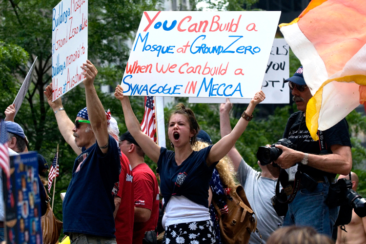 People in New York protest the proposed construction of a mosque near the World Trade Center site on Sunday, June 6.