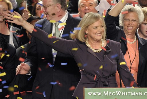 Republican gubernatorial candidate Meg Whitman celebrates after winning the Republican nomination for California governor during an election night gathering in Los Angeles, Tuesday, June 8, 2010. (AP Photo/Adam Lau) (AP)