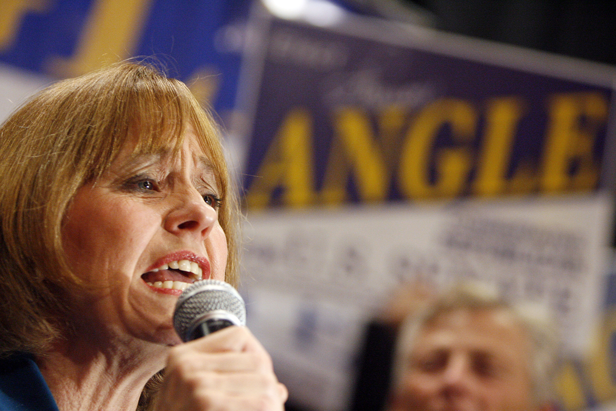 Sharron Angle speaks to supporters after winning the Nevada Republican U.S. Senate primary election race Tuesday, June 8, 2010 in Las Vegas. Angle will face Sen. Harry Reid, D-Nev. in November. (AP Photo/Isaac Brekken) (Isaac Brekken)