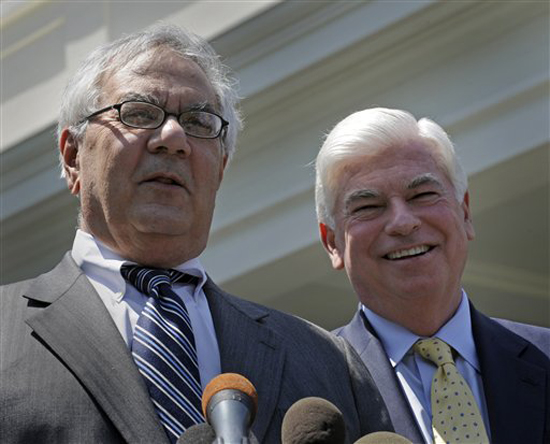 FILE -In this May 21, 2010 file photo, Senate Banking Committee Chairman Sen. Christopher Dodd, D-Conn., right, and House Financial Services Committee Chairman Rep. Barney Frank, D-Mass., speak to reporters outside the White House in Washington. Lawmakers will tackle sticking points and try to blend House and Senate bills into a single rewrite of banking regulations. A final measure, which President Barack Obama wants by July 4, is intended to prevent another financial crisis like the 2008 meltdown, which triggered a deep recession.  (AP Photo/Susan Walsh, File) (Susan Walsh)