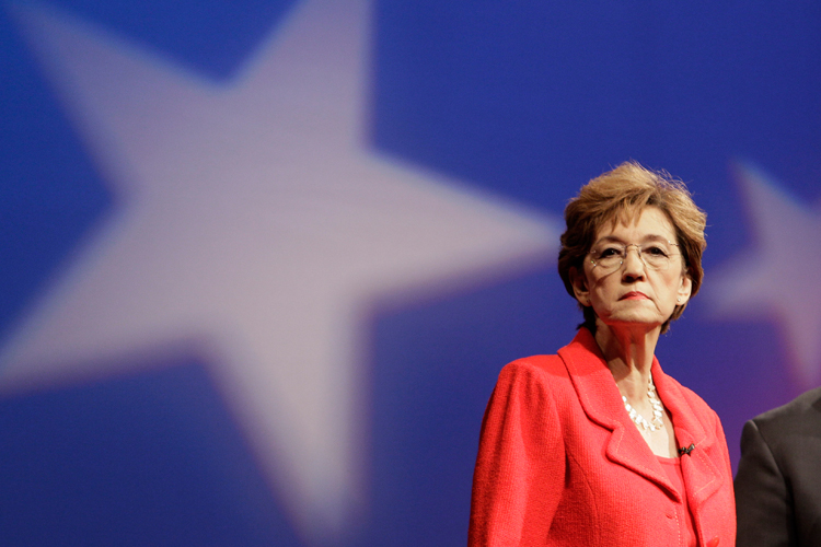 North Carolina Democratic U.S. Senate candidate Elaine Marshall at a debate with Cal Cunningham in Raleigh on June 10.