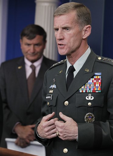 ** FILE ** In this May 10, 2010 file photo, Commander of U.S. and NATO forces in Afghanistan Gen. Stanley McChrystal, and U.S. Ambassador to Afghanistan Karl W. Eikenberry brief reporters ahead of Afghan President Hamid Karzai's visit at the White House.  An article out this week in "Rolling Stone" magazine depicts Gen. Stanley McChrystal as a lone wolf on the outs with many important figures in the Obama administration and unable to convince even some of his own soldiers that his strategy can win the war.   (AP Photo/Charles Dharapak) (AP)