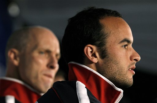 U.S. national soccer team midfielder Landon Donovan, right, speaks as coach Bob Bradley, left, looks on during a news conference in Irene, South Africa, Wednesday, June 9, 2010. The U.S. team is preparing for the upcoming World Cup, where it will play in Group C. (AP Photo/Elise Amendola) (AP)