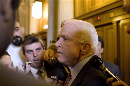 FILE - In this May 4, 2010 file photo, Sen. John McCain, R-Ariz. speaks to reporters on Capitol Hill in Washington. With the scrawl of a pen, Arizona Republican Gov. Jan Brewer awakened a dormant _ but politically explosive _ issue of illegal immigration, sending shock waves across the political spectrum in an election year when both parties had hoped to sidestep the topic. Two months after Brewer signed a new Arizona law instructing police to demand proof of a questionable person's legal status, voters have refocused on a topic that had faded into the background after Congress failed to overhaul the thorny immigration system in 2007.  (AP Photo/Harry Hamburg, File) (AP)