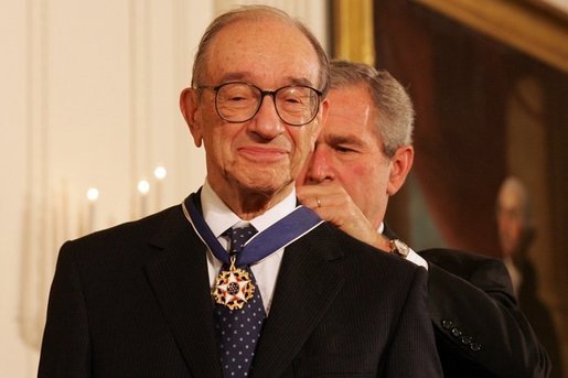 LA5H5981sc
President George W. Bush presents the Presidential Medal of Freedom to Federal Reserve Chairman Alan Greenspan, one of 14 recipients of the 2005 Presidential Medal of Freedom, awarded Wednesday, Nov. 9, 2005 in the East Room of the Whiite House.  White House photo by Shealah Craighead (Shealah Craighead)