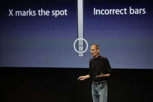 Apple CEO Steve Jobs talks about the Apple iPhone 4 at Apple headquarters in Cupertino, Calif., Friday, July 16, 2010. (AP Photo/Paul Sakuma) (AP)