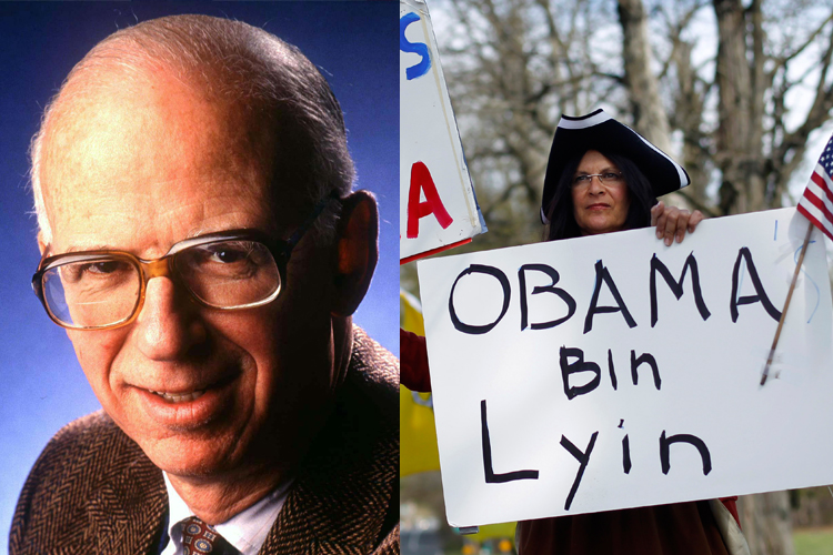 David Broder (left) and a Tea Party activist in Smithtown, NY.