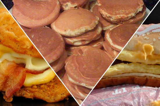 A KFC Double Down, pancakes, and the Burger King Enormous Omelet Sandwich
