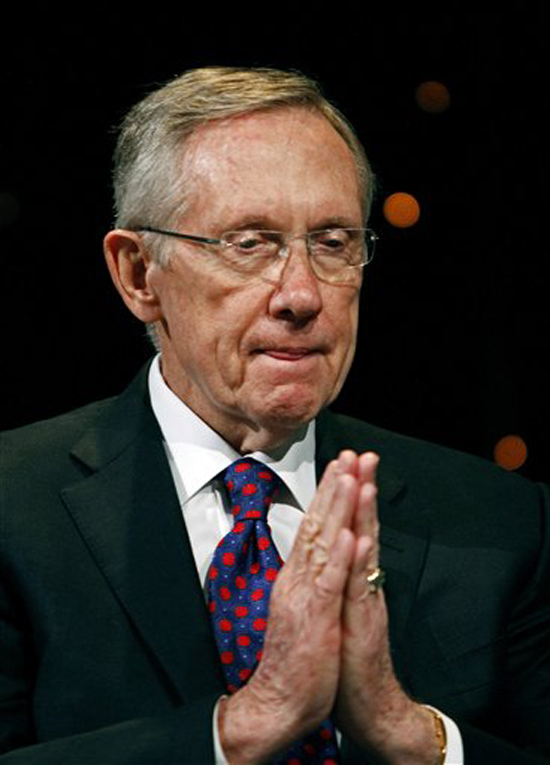Sen. Harry Reid answers questions during the Netroots Nation convention at the Rio Hotel and Casino in Las Vegas on Saturday, July 24, 2010. Reid faces Republican and tea party favorite Sharron Angle this November in his bid to keep representing Nevada. (AP Photo/Louie Traub) (Louie Traub)