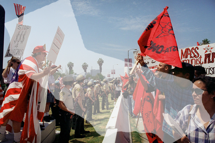 Pro (left) and con Proposition 187 activists are separated by police during a rally in Los Angeles in 1996.