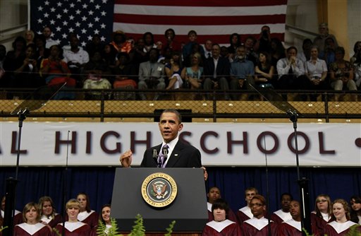 President Barack Obama delivers the commencement address for Kalamazoo Central High School, the winner of the 2010 Race to the Top High School Commencement Challenge, at Western Michigan University Arena in Kalamazoo, Mich., Monday, June 7, 2010. (AP Photo/Charles Dharapak) (AP)