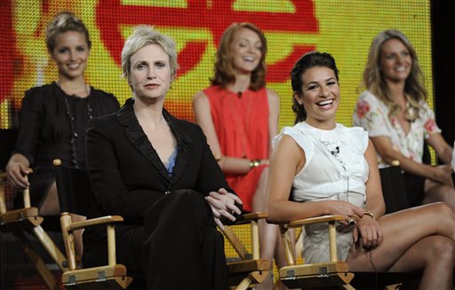 In this photo taken Aug. 6, 2009, "Glee" cast members from left, Diana Agron, Jane Lynch, Jayma Mays, Lea Michele and Jessalyn Gilsig participate in a panel discussion at the FOX Television Critics Association summer press tour in Pasadena, Calif. TV newcomers "Modern Family" and "Glee" are poised to bring sizzle to the Emmy nominations Thursday July 8, 2010, while late-night talk shows could add a dash of conflict.  (AP Photo/Chris Pizzello) (AP)