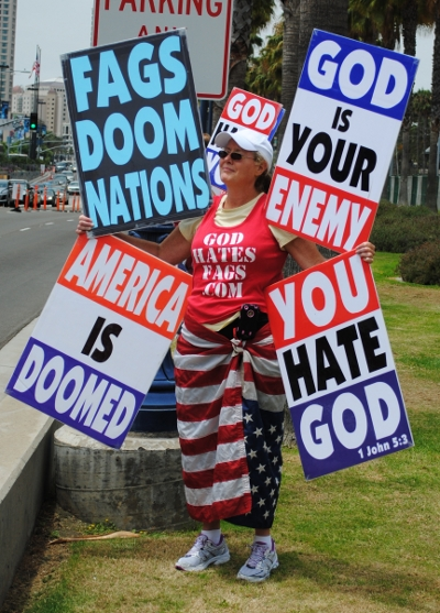 Margie Phelps of the Westboro Baptist Church protest the San Diego Comic Con.
