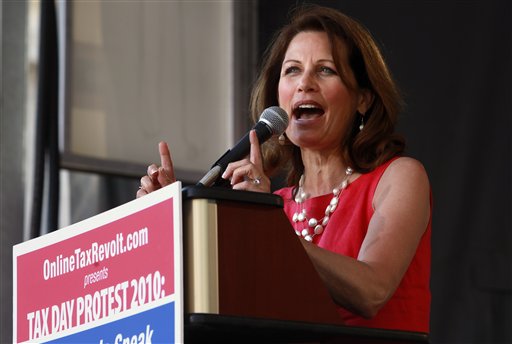 Rep. Michele Bachmann, R-Minn. addresses a Tea party rally at Freedom Plaza in Washington, Thursday, April 15, 2010. (AP Photo/Jacquelyn Martin) (AP)