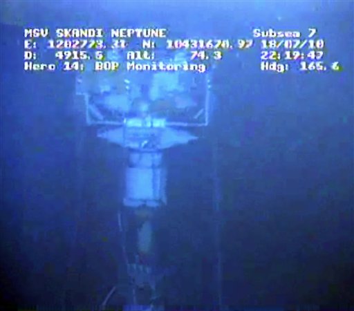 In this image taken from video provided by BP PLC at 22:19 CDT, the containment stack is shown at the site of the Deepwater Horizon oil spill in the Gulf of Mexico Sunday, July 18, 2010. BP and the Obama administration offered significantly differing views Sunday on whether the capped Gulf of Mexico oil well will have to be reopened, a contradiction that may be an effort by the oil giant to avoid blame if crude starts spewing again. (AP Photo/BP PLC) NO SALES (AP)