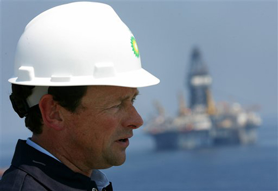 FILE - In this May 28, 2010 photo, BP CEO Tony Hayward is aboard the Discover Enterprise drill ship during recovery operations in the Gulf of Mexico, south of Venice, La. Hayward, who became the face of BP's flailing efforts to contain the massive Gulf oil spill, will step down as chief executive in October and be offered a job with the company's joint venture in Russia, a person familiar with the matter said Monday, July 26, 2010. (AP Photo/Sean Gardner, Pool, File) (Sean Gardner)