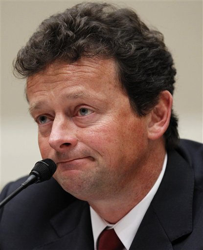 FILE - In a Thursday, June 17, 2010 photo, BP CEO Tony Hayward testifies during a House Oversight and Investigations subcommittee hearing on the role of BP in the Deepwater Horizon Explosion and oil spill in Washington. Hayward, who became the face of BP's flailing efforts to contain the massive Gulf oil spill, will step down as chief executive in October and be offered a job with the company's joint venture in Russia, a person familiar with the matter said Monday, July 26, 2010. (AP Photo/Alex Brandon, File) (AP)