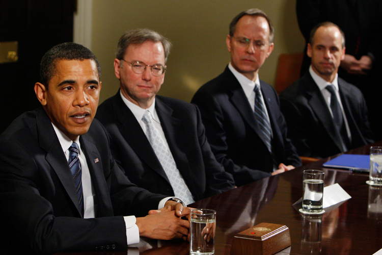 President Obama meets with business leaders to discuss the economy in 2009. From left: the President, Google Chairman and CEO Eric Schmidt, JetBlue CEO David Barger and Micron Technology CEO Steve Appleton.