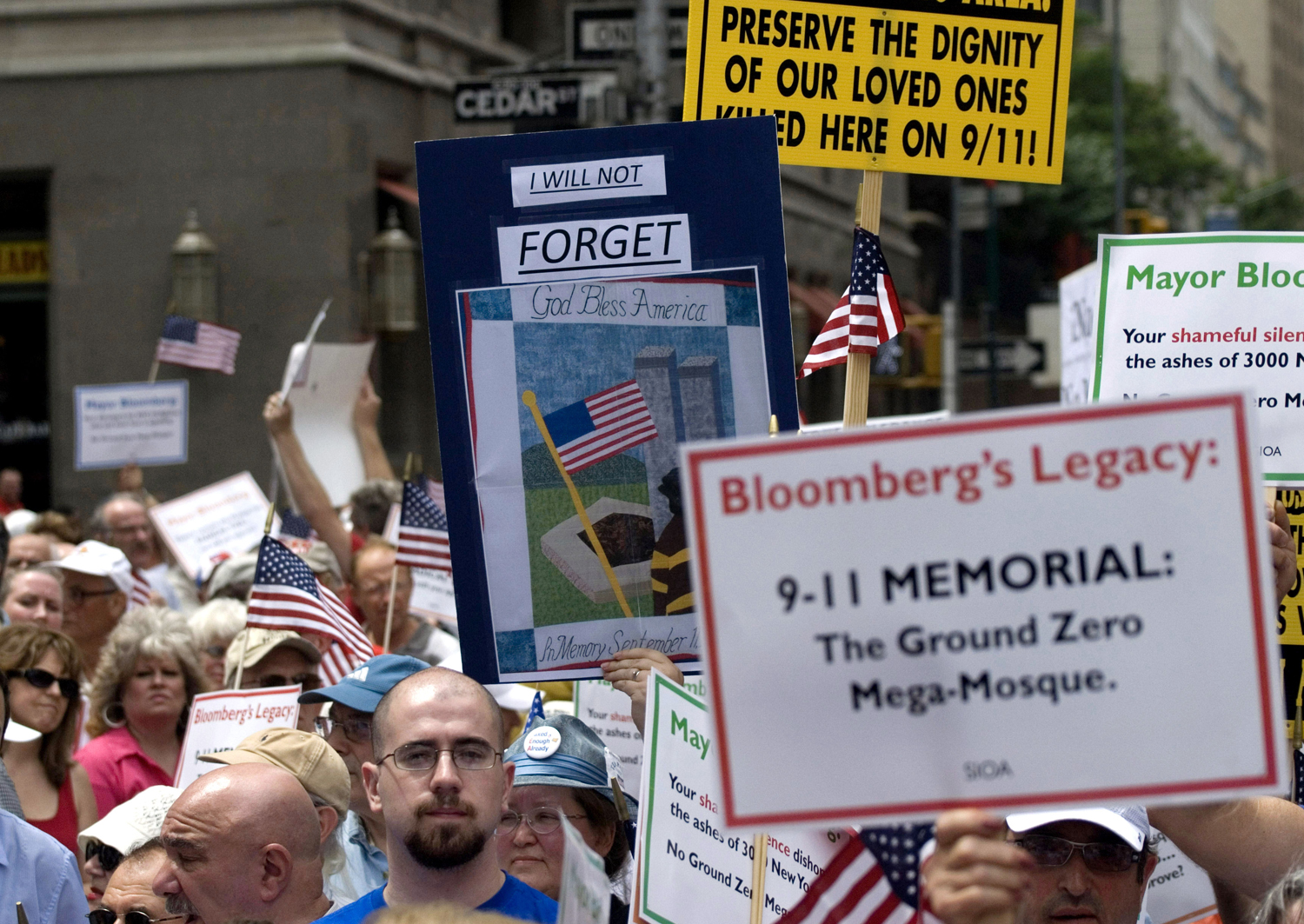 People in New York protest the proposed construction of a mosque near the World Trade Center site Sunday, June 6, 2010. (AP Photo/Swoan Parker) (Swoan Parker)