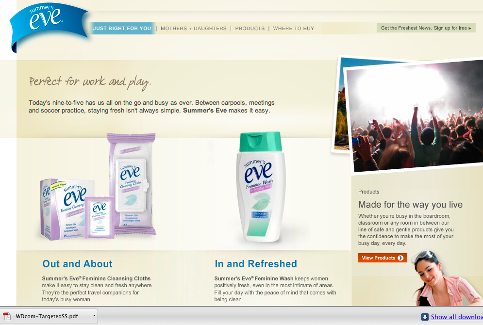A screenshot from the Summer's Eve website
