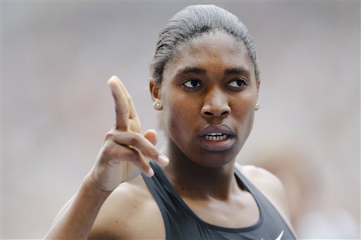 Caster Semenya of South Africa celebrates as she crosses the finish line to win the Women"s 800 meters during the ISTAF Athletics Meeting in Berlin,  Sunday, Aug. 22, 2010. (AP Photo/Markus Schreiber) (AP)