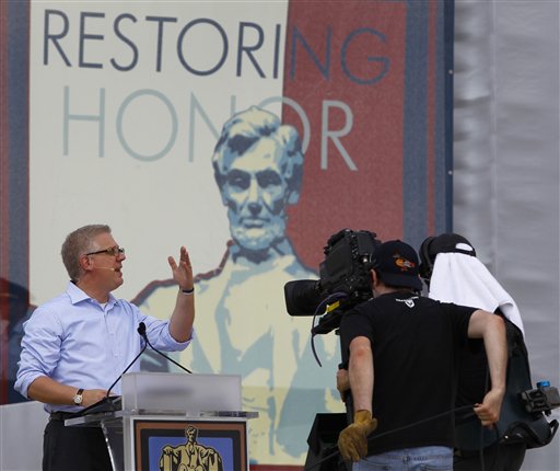 Glenn Beck speaks as a television camera moves around him as the "Restoring Honor" rally in front of the Lincoln Memorial in Washington, Saturday, Aug. 28, 2010.(AP Photo/Alex Brandon) (AP)