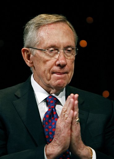 Sen. Harry Reid answers questions during the Netroots Nation convention at the Rio Hotel and Casino in Las Vegas on Saturday, July 24, 2010. Reid faces Republican and tea party favorite Sharron Angle this November in his bid to keep representing Nevada. (AP Photo/Louie Traub) (AP)