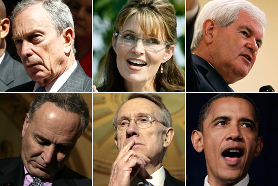 Top left, clockwise: Mayor Michael Bloomberg, Sarah Palin, Newt Gingrich, Sen. Chuck Schumer, Sen. Harry Reid, President Obama