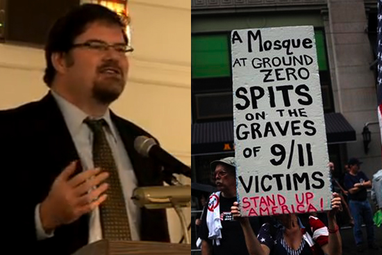 Jonah Goldberg, left. Right: A rally against a proposed mosque and community center near ground zero in New York, Sunday, Aug. 22, 2010.