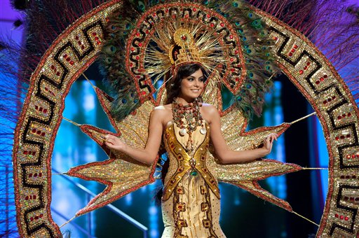 In a photo provided by the Miss Universe OrganizationJimena Navarrete, Miss Mexico 2010, wears her national costume for a pre taped segment of the 2010 Miss Universe Competition at Mandalay Bay in Las Vegas, Wednesday, Aug. 18, 2010. (AP Photo/Patrick Prather/Miss Universe Organization LP, LLLP) (AP)