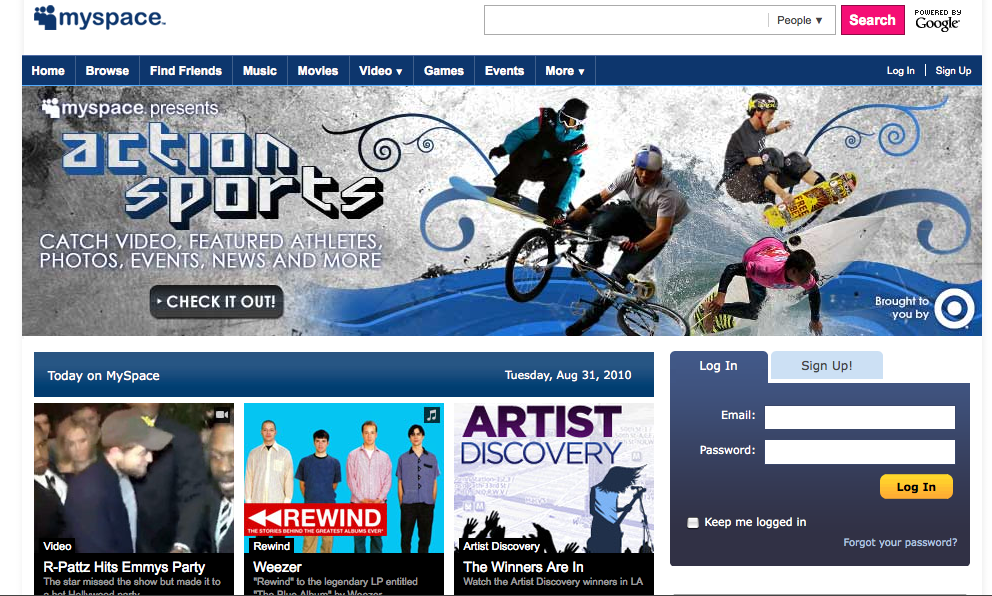 Screen grab of MySpace home page.