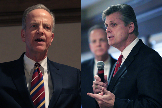FILE - In this Jan. 29, 2010, file photo Rep. Todd Tiahrt, R-Kan., answers questions during a Republican Forum in Topeka, Kan.  Tiahrt is running against Rep. Jerry Moran, R-Kan., left,  for the Republican nomination for the U.S. Senate. (AP Photo/Orlin Wagner, File) (Orlin Wagner)