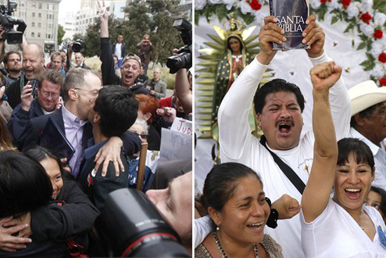 Opponents of Proposition 8 cheer after hearing the decision in the United States District Court proceedings challenging Proposition 8 outside of the Phillip Burton Federal Building in San Francisco, Wednesday, Aug. 4, 2010. The first word on whether California's same-sex marriage ban can survive scrutiny under the U.S. Constitution is expected to come down Wednesday when a federal judge issues his ruling in a landmark case challenging the voter-approved Proposition 8 as an unlawful infringement on the civil rights of gay men and lesbians. Attorneys on both sides have said appeals are certain if Chief U.S. Judge Vaughn Walker does not rule in their favor. (AP Photo/Jeff Chiu) (Jeff Chiu)