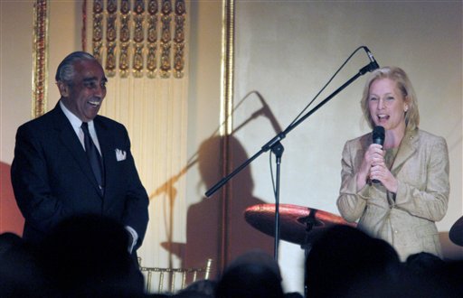 Sen. Kirsten E. Gillibrand, D-N.Y., right,  joins Rep. Charles Rangel,  D-N.Y.,  onstage during Rangel's  birthday fundraiser  Wednesday, Aug. 11, 2010 at the Plaza Hotel  in New York.  Democratic Congressman Charles Rangel has told a packed gathering at a fundraiser in New York City that he was deeply moved by the show of support. (AP Photo/Mary Altaffer) (AP)