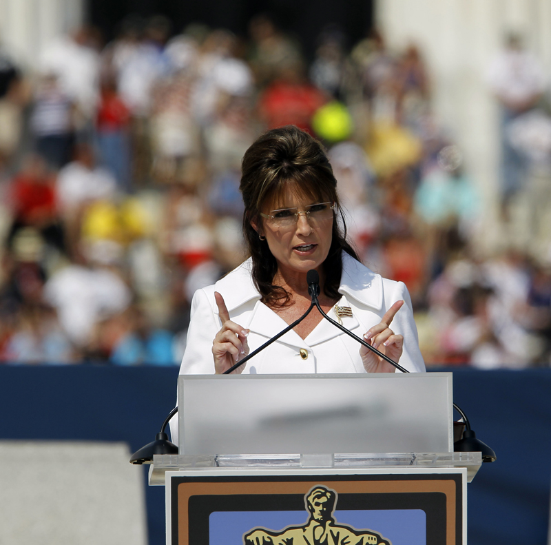 Former Gov. Sarah Palin speaks at the Glenn Beck "Restoring Honor" rally in front of the Lincoln Memorial in Washington, Saturday, Aug. 28, 2010.(AP Photo/Alex Brandon) (Alex Brandon)