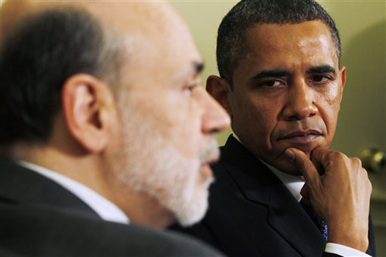 President Barack Obama meets with Federal Reserve Board Chairman Ben Bernanke in the Oval Office of the White House in Washington, Tuesday, June 29, 2010. (AP Photo/Charles Dharapak) (Charles Dharapak)