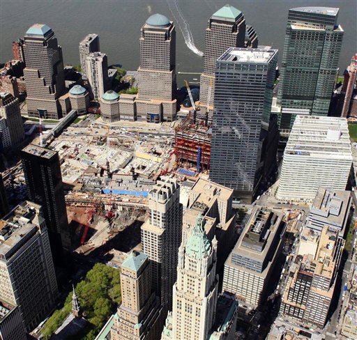 This aerial photo of April 20, 2010, shows the New York city block, lower right, where a 13-story mosque is planned for construction two blocks north of the World Trade Center site, center left. The plan for the $100 million mosque and cultural center received initial support on Wednesday, May  5, 2010 from community board 1 in Lower Manhattan. (AP Photo/Mark Lennihan) (AP)
