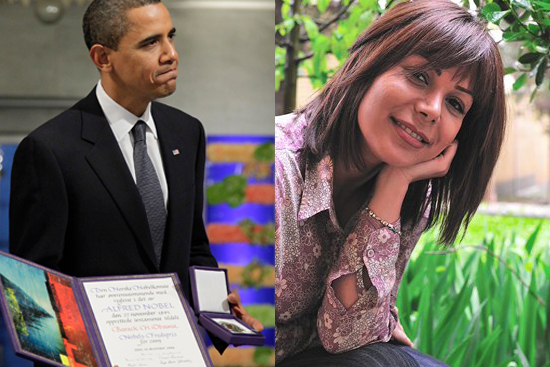 U.S. President and Nobel Peace Prize laureate Barack Obama poses with his medal and certificate at the Nobel Peace Prize ceremony at City Hall in Oslo December 10, 2009. Right: Neda Agha Soltan.