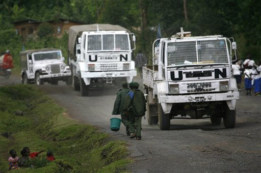In this Nov. 21, 2008 file photo, United Nations MONUC peacekeepers ride towards Goma, in Kibati, eastern Congo. (AP)
