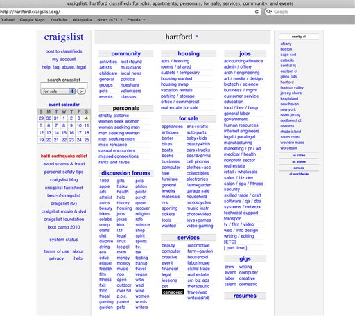 This screen shot made on Saturday, Sept. 4, 2010 shows the opening page of Craigslist's website for Hartford, Conn., featuring a "censored" logo over what used to be the adult services section. Craigslist apparently closed the section two weeks after 17 state attorneys general demanded it be shut down. Connecticut Attorney General Richard Blumenthal, one of the AGs who pressed for the change, said in a written statement that he welcomed the change and was trying to verify Craigslist's official policy going forward. (AP Photo/Craigslist) NO SALES (AP)